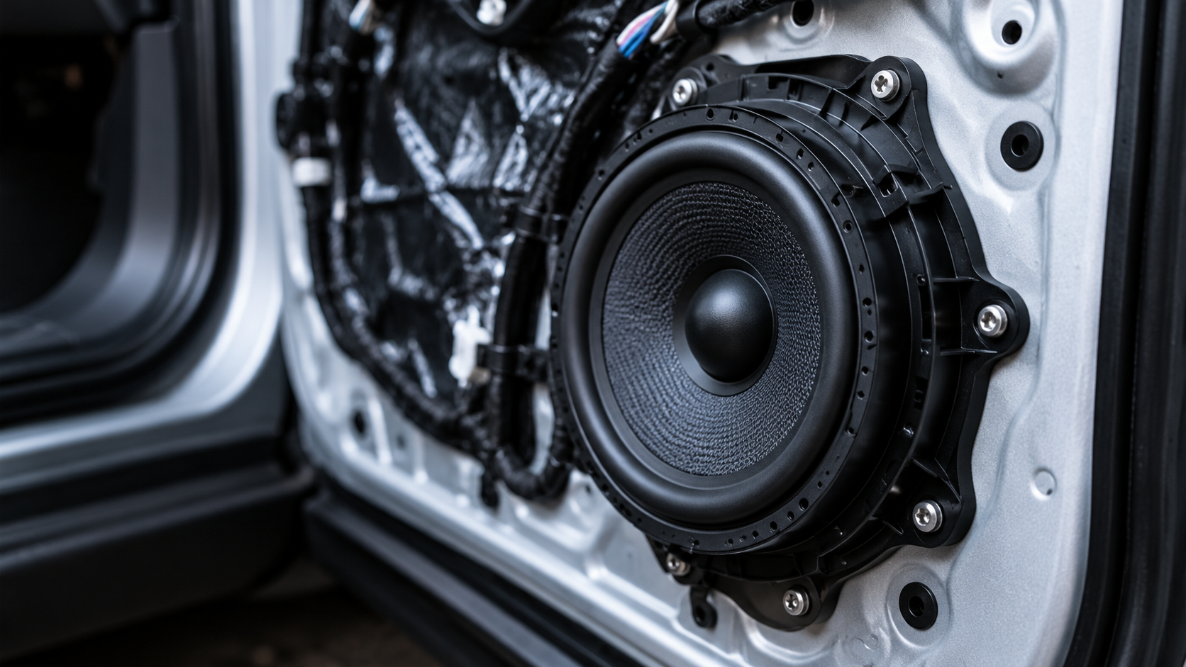 Aftermarket car speaker mounted in a vehicle door with a speaker adapter ring